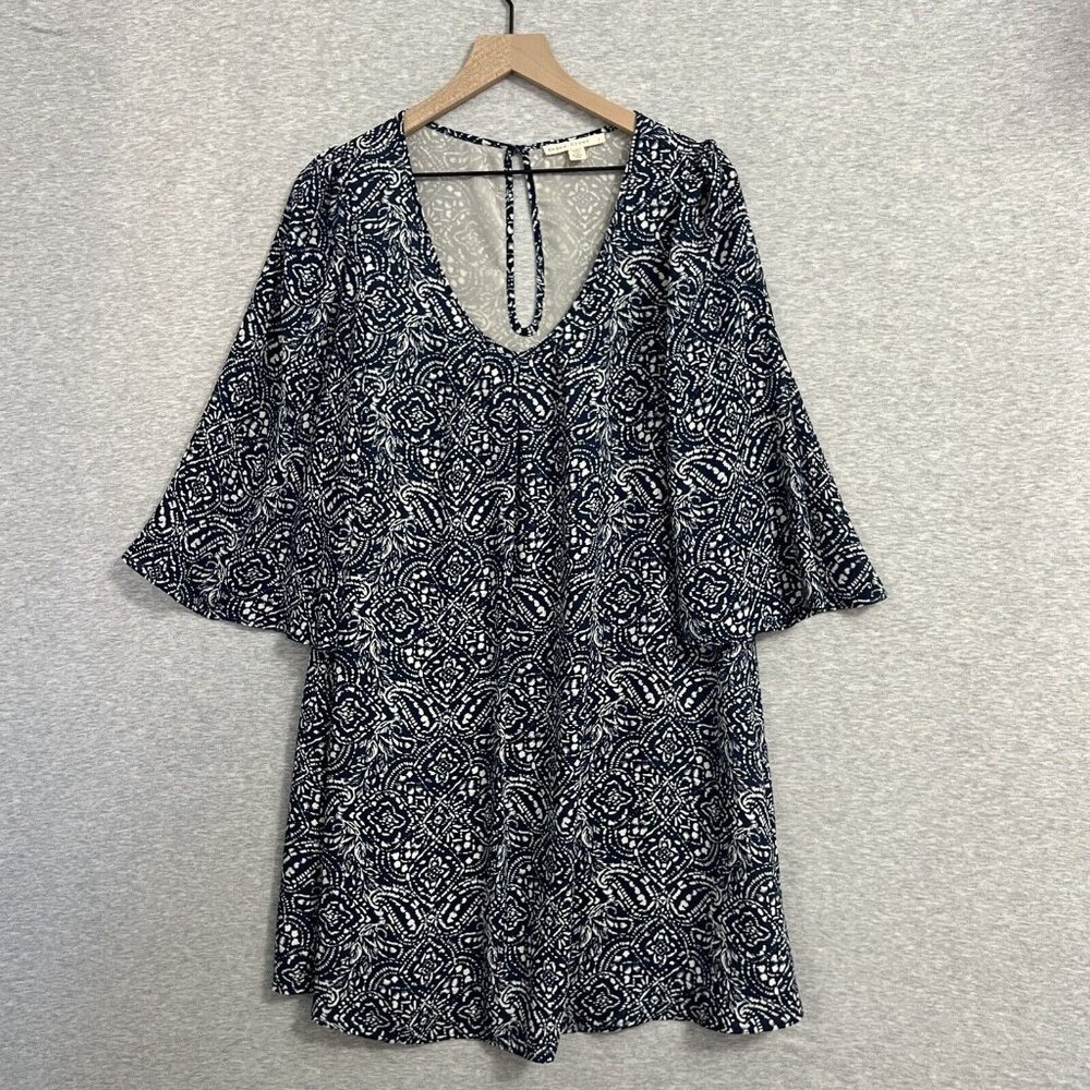 Anthropologie Paper Crown Dress Womens Small Navy Batik Flowy Lined Bell Sleeve
